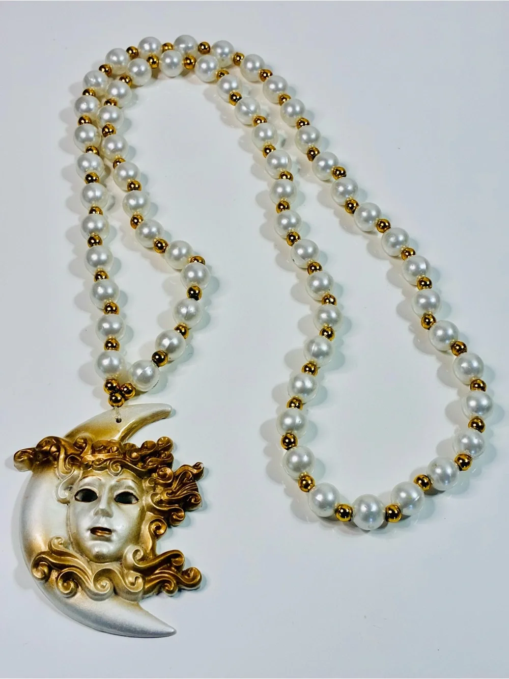 Venetian-Style Mardi Gras  White Pearl Bead Necklace with Gold Moon Mask Pendant